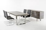 30" Grey Brush Veneer And Stainless Steel Dining Table