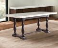 38" White And Gray Marble And Solid Wood Trestle Base Dining Table