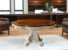 62" Brown And White Oval Solid Wood Pedestal Base Dining Table