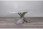 71" Gray and White And Silver Marble And Stainless Steel Pedestal Base Dining Table